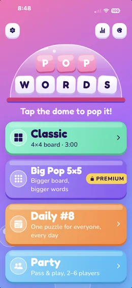 Pop Words home screen with Classic, Big Pop, Daily and Party modes
