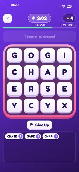 A 4×4 board of letter dice mid-game with the timer running