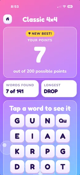 Round results showing points, words found and the longest word