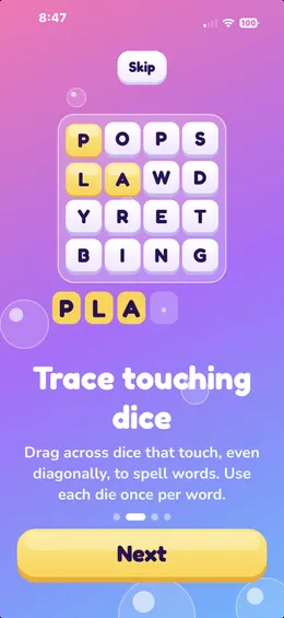 How to play: trace touching dice to spell words