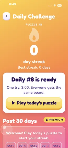 The Daily Challenge screen with a streak counter