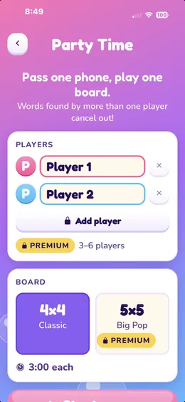 Party mode setup for pass-and-play with friends
