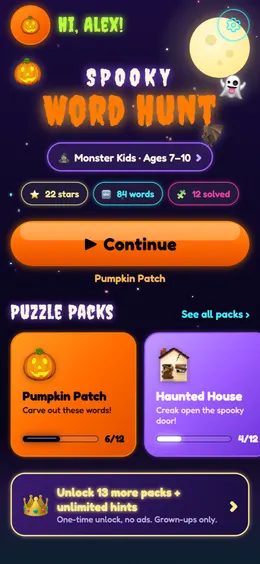 Spooky Word Hunt home screen with the Monster Kids age mode and puzzle packs