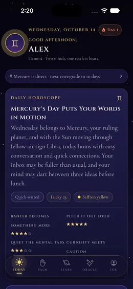 Oracle Hand Today screen with a daily horoscope