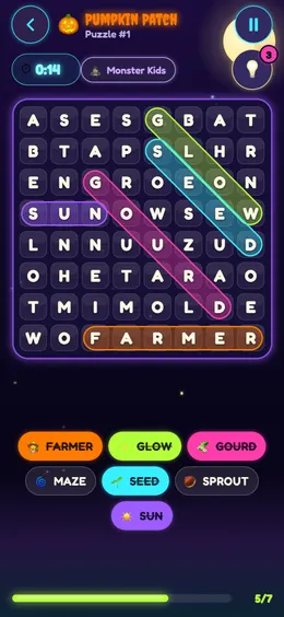 A Halloween word search grid with found words highlighted in glowing colors