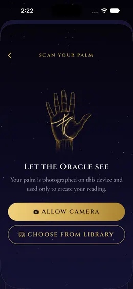 Palm scan screen inviting you to photograph your palm