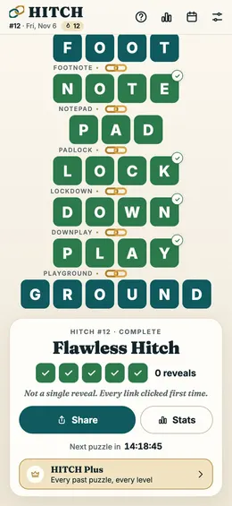 A completed HITCH chain from FOOT to GROUND with a Flawless Hitch score