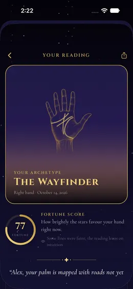 A palm reading revealing the Wayfinder archetype and a fortune score