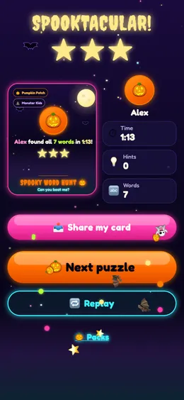 Spooktacular result screen with three stars and a shareable card