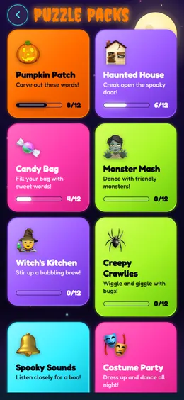 Puzzle packs including Pumpkin Patch, Haunted House and Candy Bag